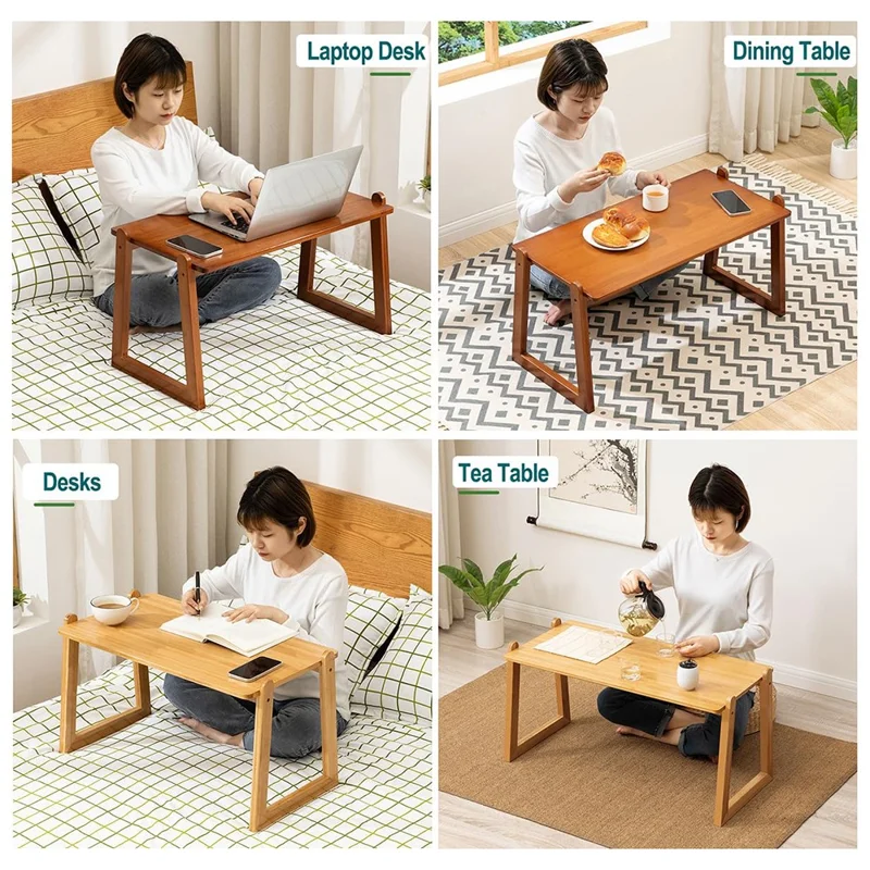 2514NZZZ-06 80cm Length Bed Desk Laptop Table Multifunctional Writing Desk for Dorm Foldable Bamboo Workstation - Tawny
