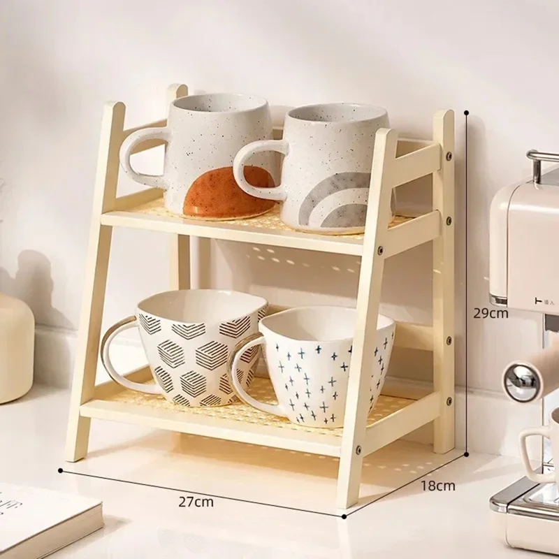 Étagère de bureau à 2 niveaux, organisateur de tasse en maille, support de tasse, support de rangement en bambou - Blanc laiteux