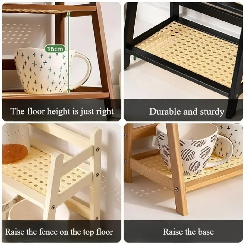 Étagère de bureau à 2 niveaux, organisateur de tasse en maille, support de tasse, support de rangement en bambou - Blanc laiteux