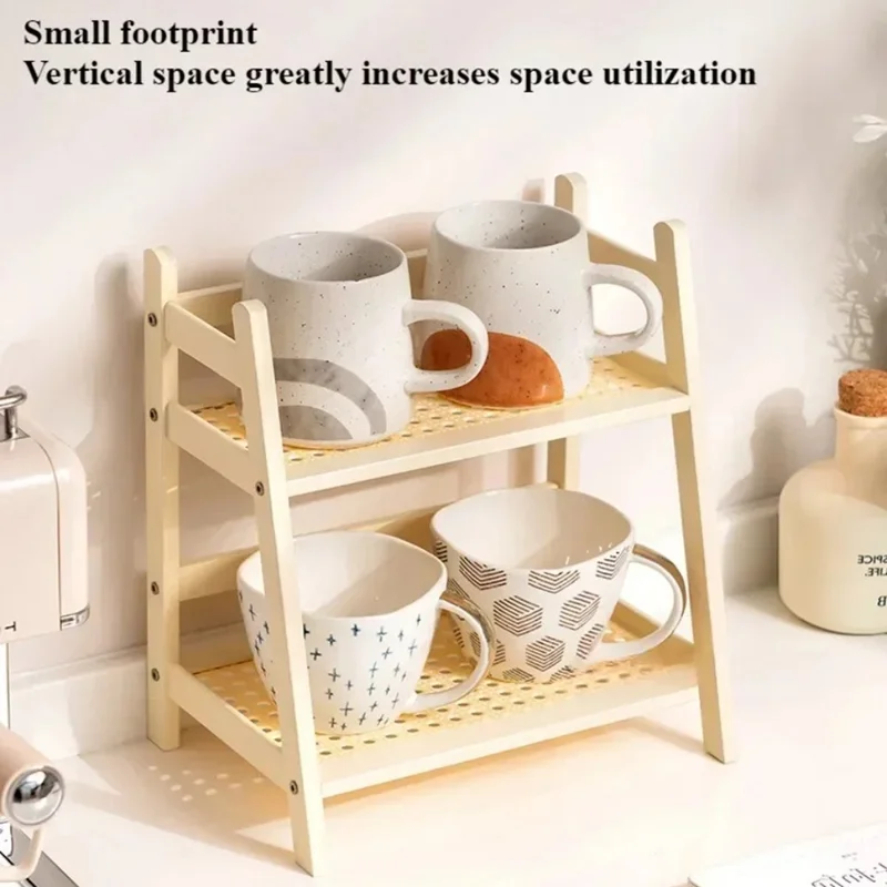 Étagère de bureau à 2 niveaux, organisateur de tasse en maille, support de tasse, support de rangement en bambou - Blanc laiteux