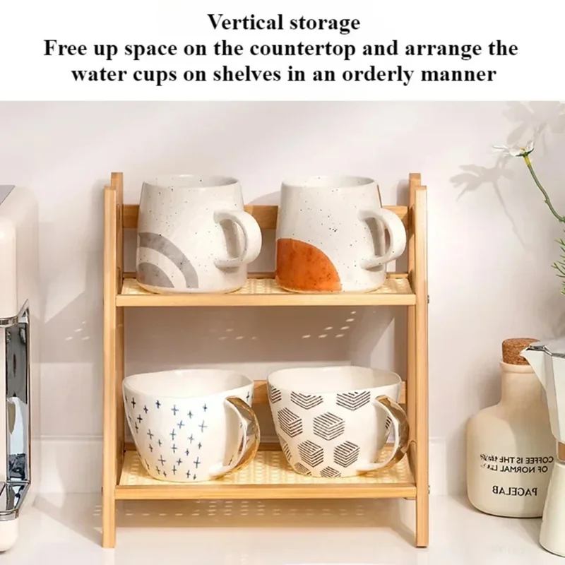 Étagère de bureau à 2 niveaux, organisateur de tasse en maille, support de tasse, support de rangement en bambou - Blanc laiteux