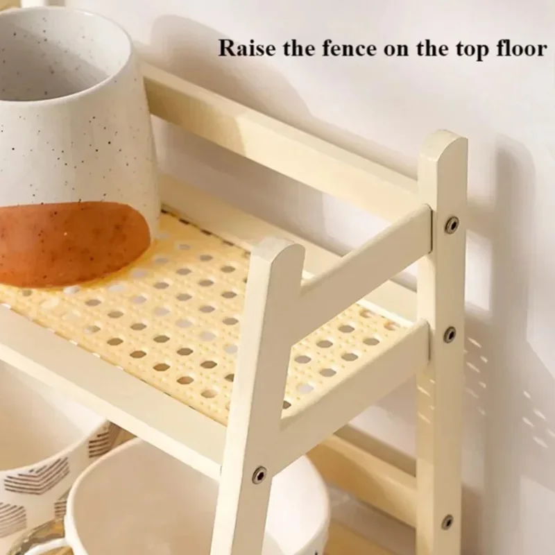 Étagère de bureau à 2 niveaux, organisateur de tasse en maille, support de tasse, support de rangement en bambou - Blanc laiteux