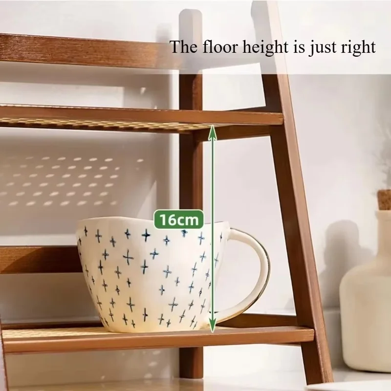 Étagère de bureau à 2 niveaux, organisateur de tasse en maille, support de tasse, support de rangement en bambou - Blanc laiteux