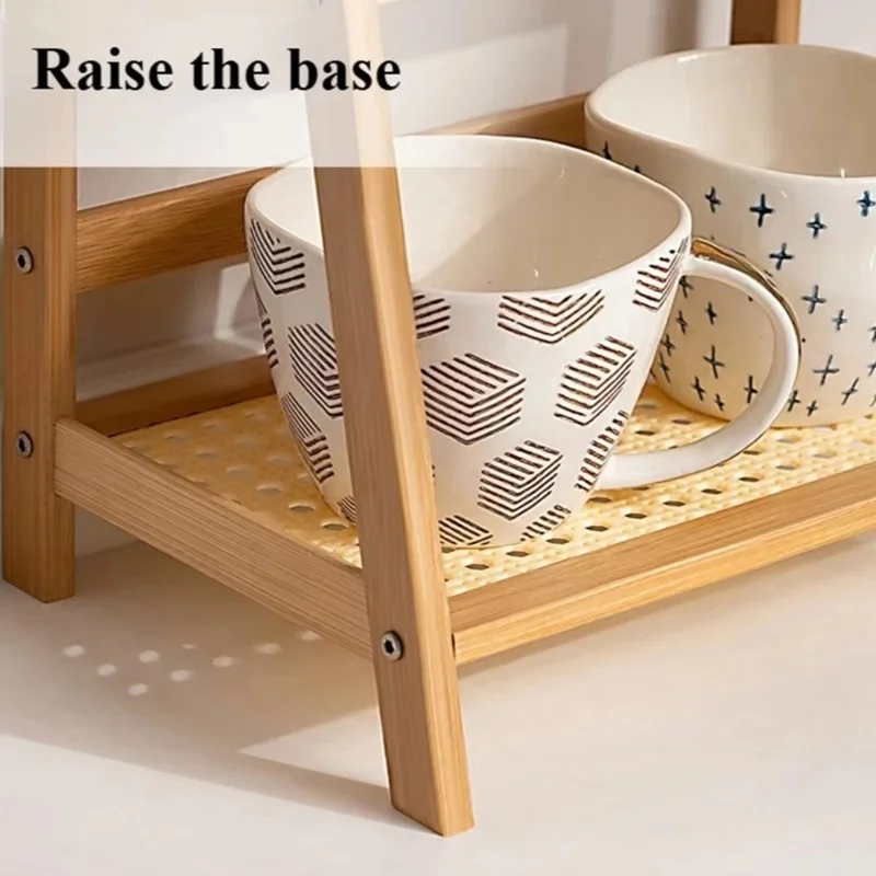 Étagère de bureau à 2 niveaux, organisateur de tasse en maille, support de tasse, support de rangement en bambou - Blanc laiteux