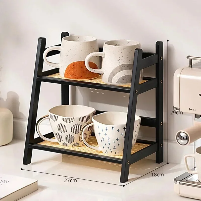 2258TXZWJ-04 2 Tiers 27cm Length Mesh Shelf Desktop Cup Organizer Rack Mug Holder Bamboo Storage Stand - Black