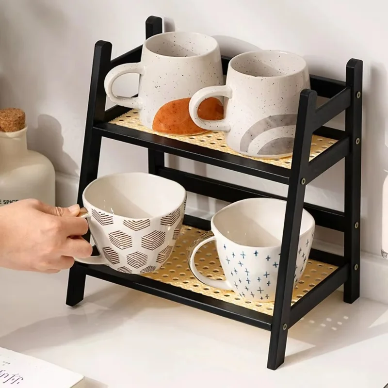 2258TXZWJ-04 2 Tiers 27cm Length Mesh Shelf Desktop Cup Organizer Rack Mug Holder Bamboo Storage Stand - Black