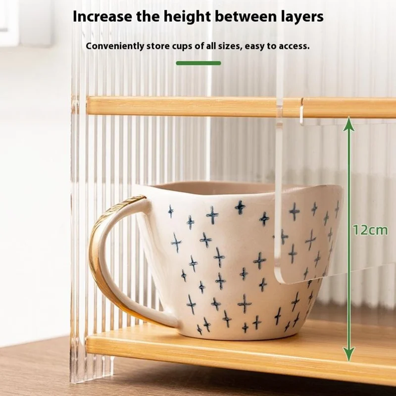 Étagère de rangement pour tasses en bambou à 3 niveaux de 50 cm de long, organisateur en acrylique transparent avec séparateurs amovibles - Couleur bambou