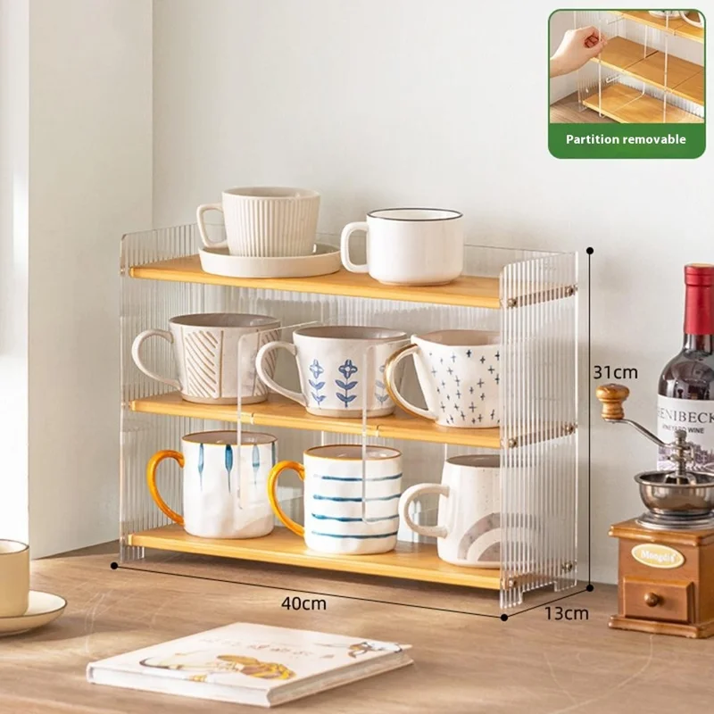 Étagère de rangement pour tasses en bambou à 3 niveaux de 40 cm de long, organisateur en acrylique transparent avec séparateurs amovibles - Couleur bambou