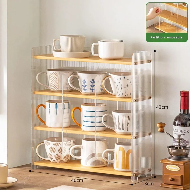 Étagère de rangement pour tasses en bambou à 4 niveaux de 40 cm de long avec organiseur en acrylique transparent et séparateurs amovibles - Couleur bambou