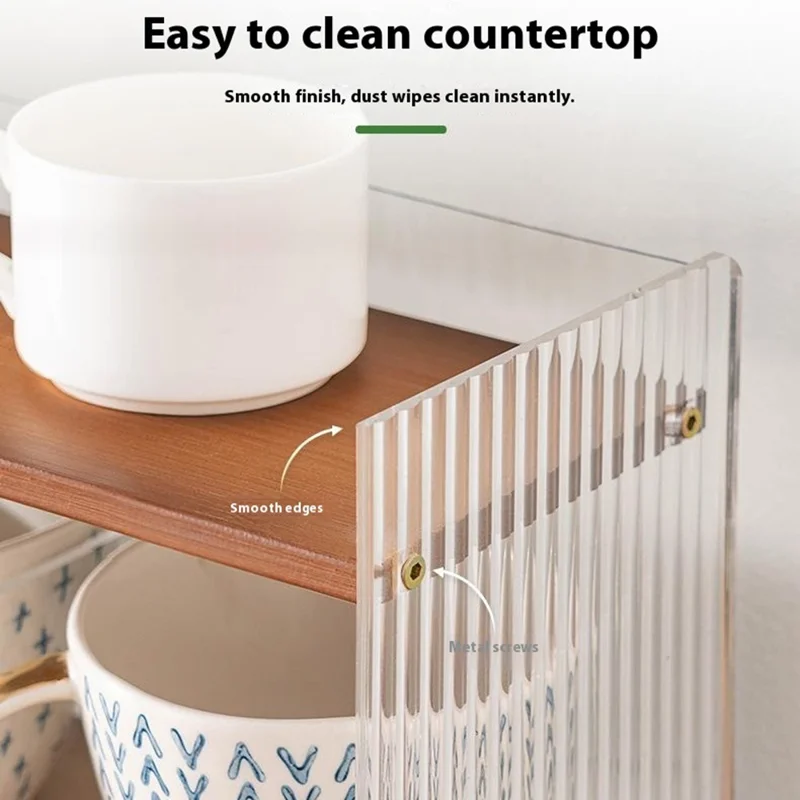 Étagère de rangement pour tasses en bambou à 4 niveaux de 40 cm de long avec organiseur en acrylique transparent et séparateurs amovibles - Couleur bambou