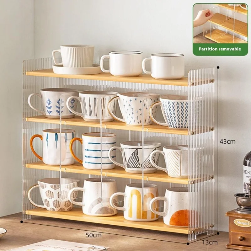 Étagère de rangement pour tasses en bambou à 4 niveaux de 50 cm de long, organisateur transparent en acrylique avec séparateurs amovibles - Couleur bambou