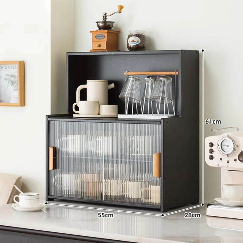 2547TMZWG-24 55cm Length Cup Organizer Shelf with Inner Divider Bamboo Desktop Multi-Tier Storage Rack with Sliding Doors