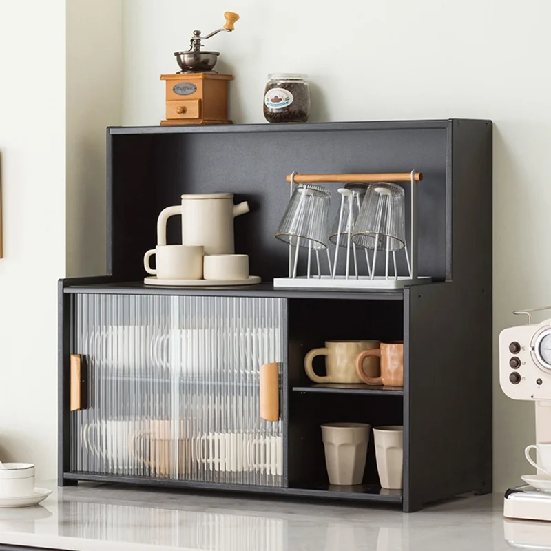 2547TMZWG-24 55cm Length Cup Organizer Shelf with Inner Divider Bamboo Desktop Multi-Tier Storage Rack with Sliding Doors