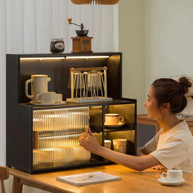 2547TMZWG-24 55cm Length Cup Organizer Shelf with Inner Divider Bamboo Desktop Multi-Tier Storage Rack with Sliding Doors