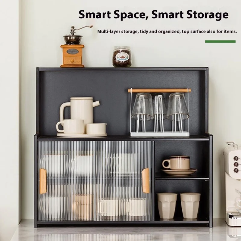 2547TMZWG-24 55cm Length Cup Organizer Shelf with Inner Divider Bamboo Desktop Multi-Tier Storage Rack with Sliding Doors