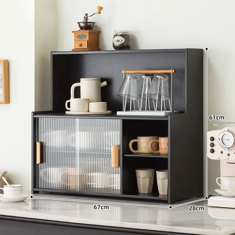 2547TMZWG-20 67cm Length Cup Organizer Shelf with Inner Divider Bamboo Desktop Multi-Tier Storage Rack with Sliding Doors