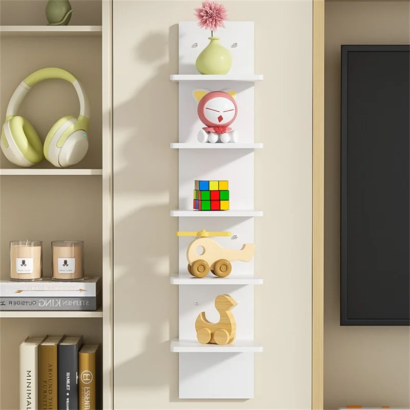 5-Tier Wall Mount Shelf Storage Rack Vertical Bookshelf Display Organizer for Home Decor - White