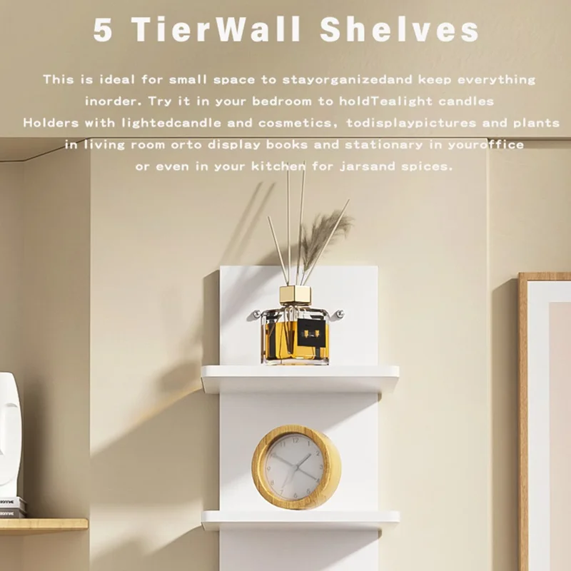 5-Tier Wall Mount Shelf Storage Rack Vertical Bookshelf Display Organizer for Home Decor - White