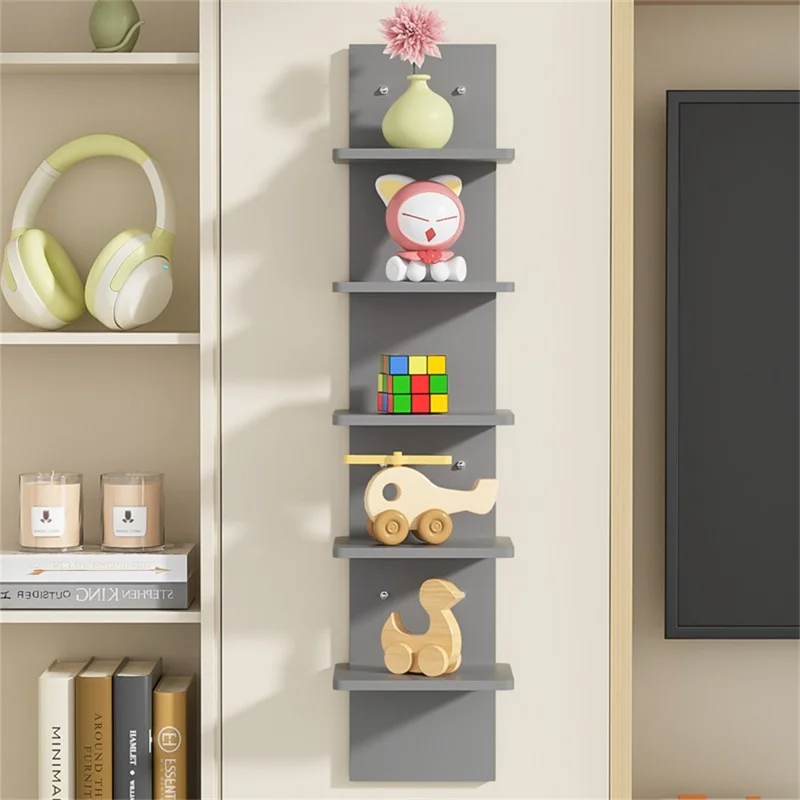 5-Tier Wall Mount Shelf Storage Rack Vertical Bookshelf Display Organizer for Home Decor - Grey