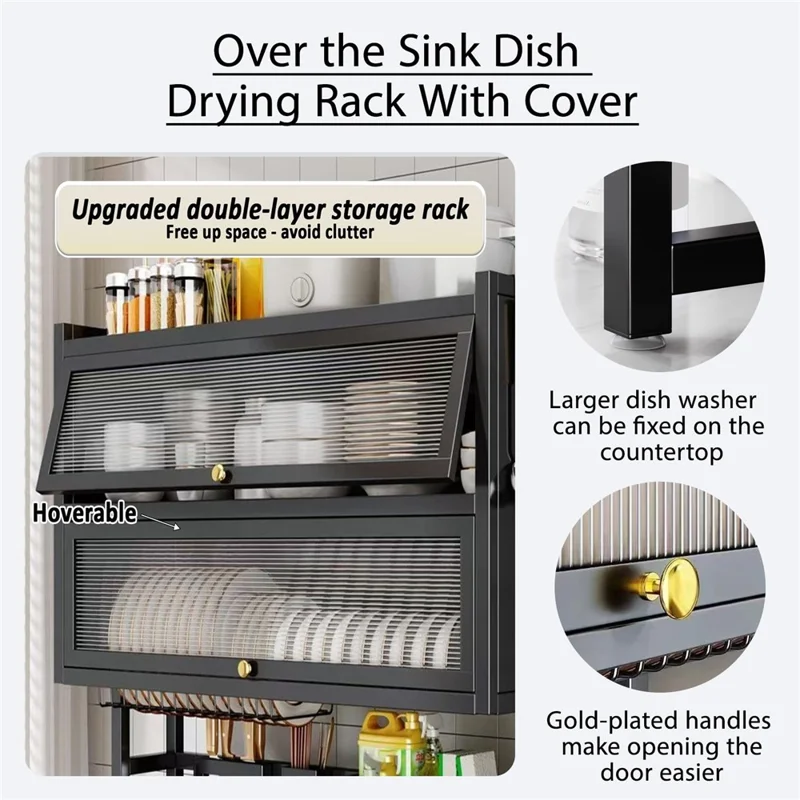 65CM Double Layer Over Sink Dish Drying Rack with Doors Kitchen Organizer Drainer Shelf - Black
