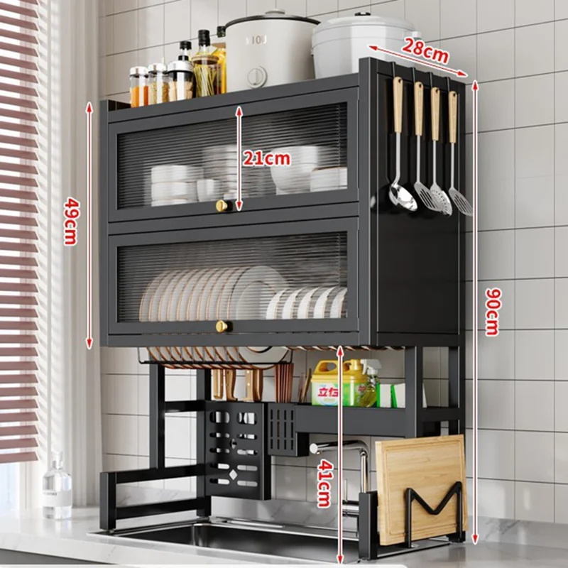 65CM Double Layer Over Sink Dish Drying Rack with Doors Kitchen Organizer Drainer Shelf - Black