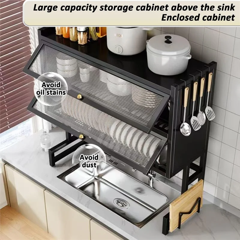 75CM Double Layer Over Sink Dish Drying Rack with Doors Kitchen Organizer Drainer Shelf - Black