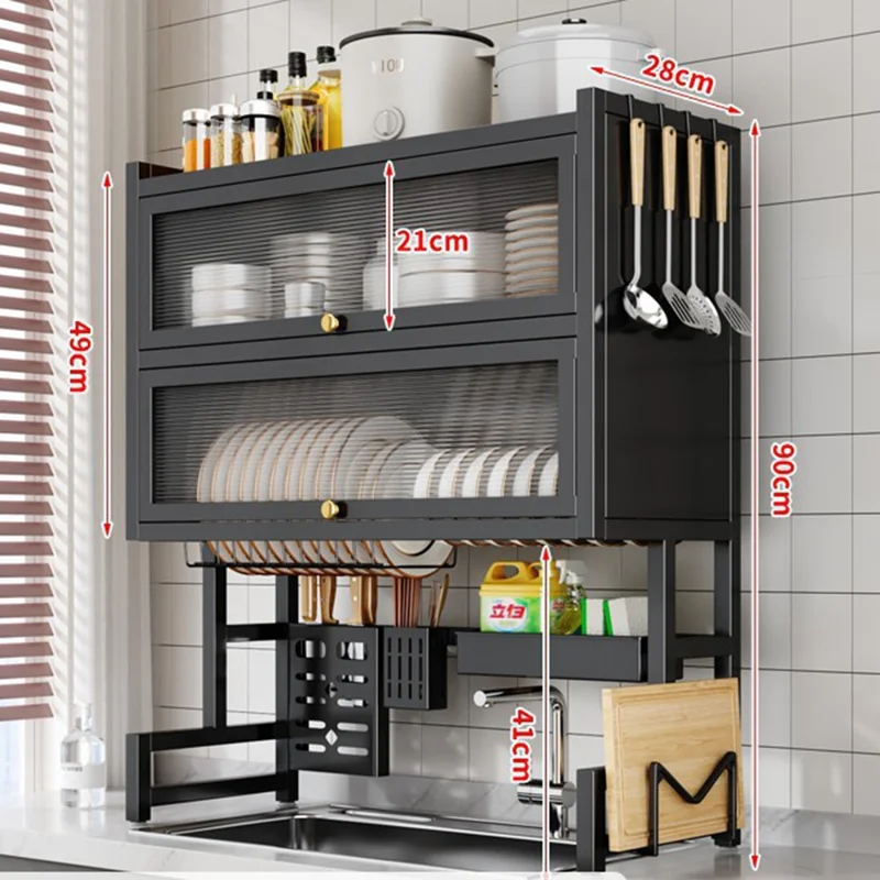 75CM Double Layer Over Sink Dish Drying Rack with Doors Kitchen Organizer Drainer Shelf - Black