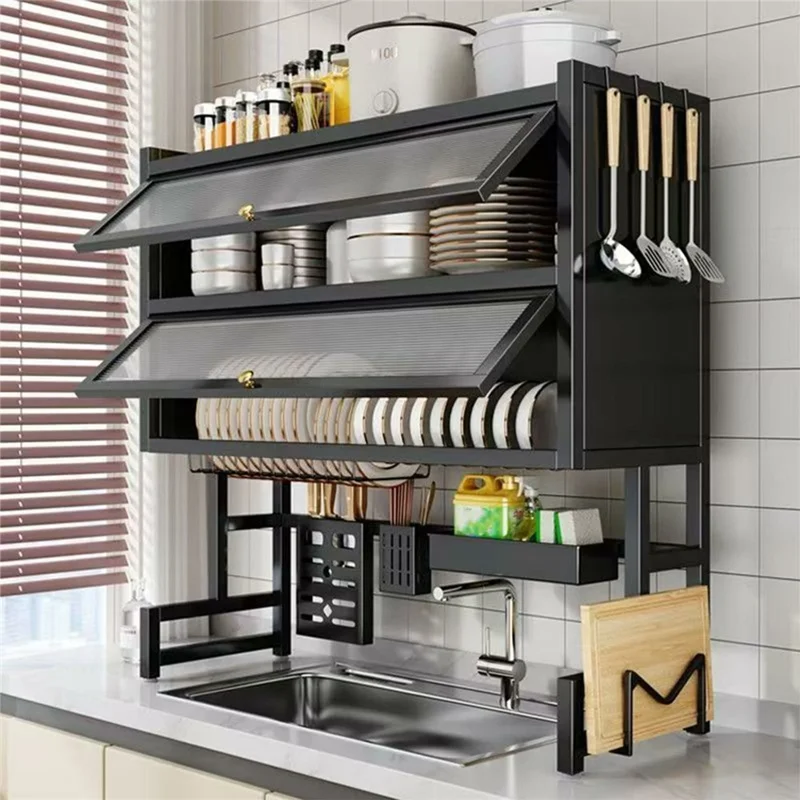 95CM Double Layer Over Sink Dish Drying Rack with Doors Kitchen Organizer Drainer Shelf - Black