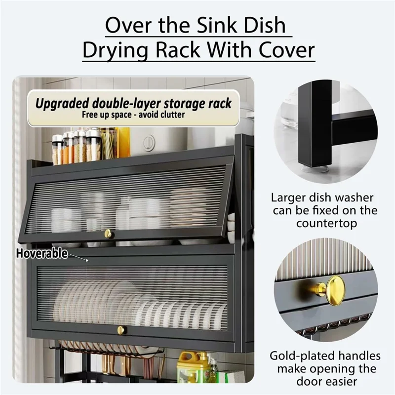 95CM Double Layer Over Sink Dish Drying Rack with Doors Kitchen Organizer Drainer Shelf - Black