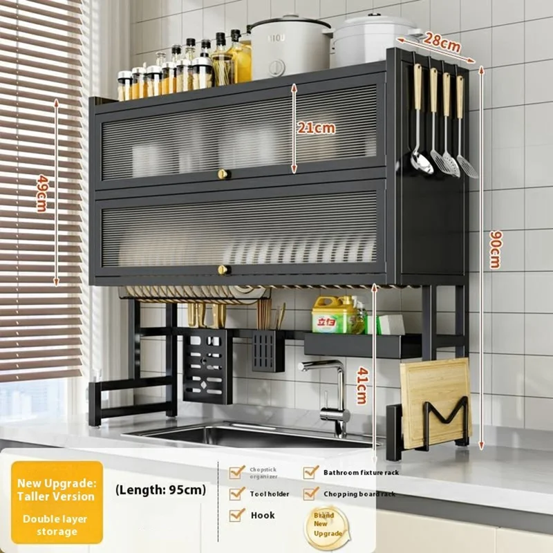 95CM Double Layer Over Sink Dish Drying Rack with Doors Kitchen Organizer Drainer Shelf - Black