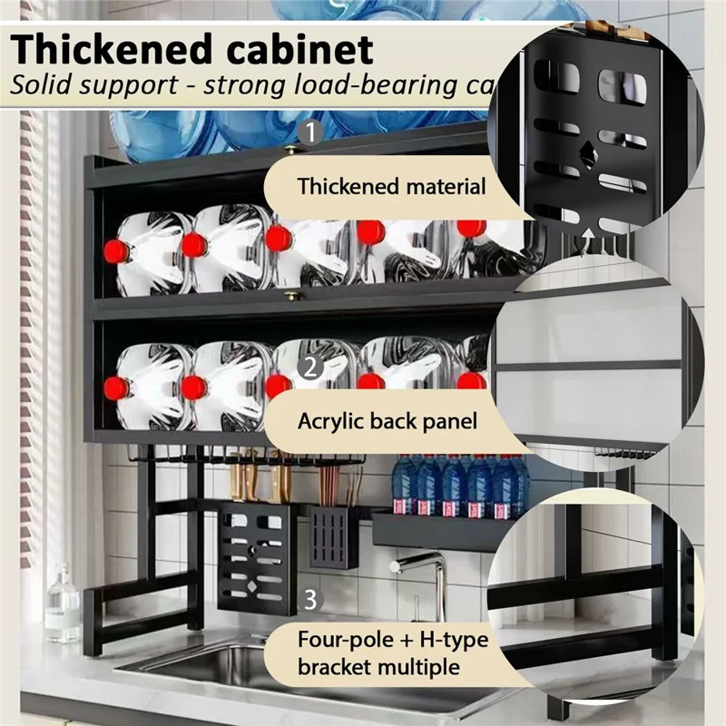 105CM Double Layer Over Sink Dish Drying Rack with Doors Kitchen Organizer Drainer Shelf - Black