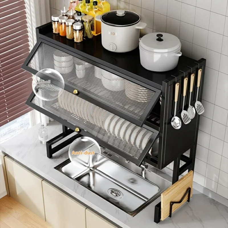 105CM Double Layer Over Sink Dish Drying Rack with Doors Kitchen Organizer Drainer Shelf - Black