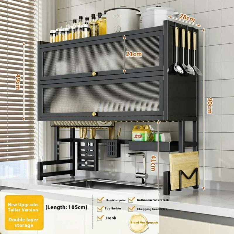 105CM Double Layer Over Sink Dish Drying Rack with Doors Kitchen Organizer Drainer Shelf - Black