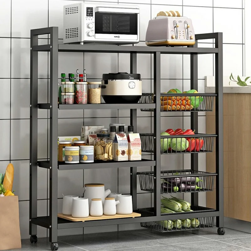 90 x 32 x 108.5cm 4-Tier Storage Rack with 3 Basket Multi-Function Kitchen Shelf Wheeled Organizer