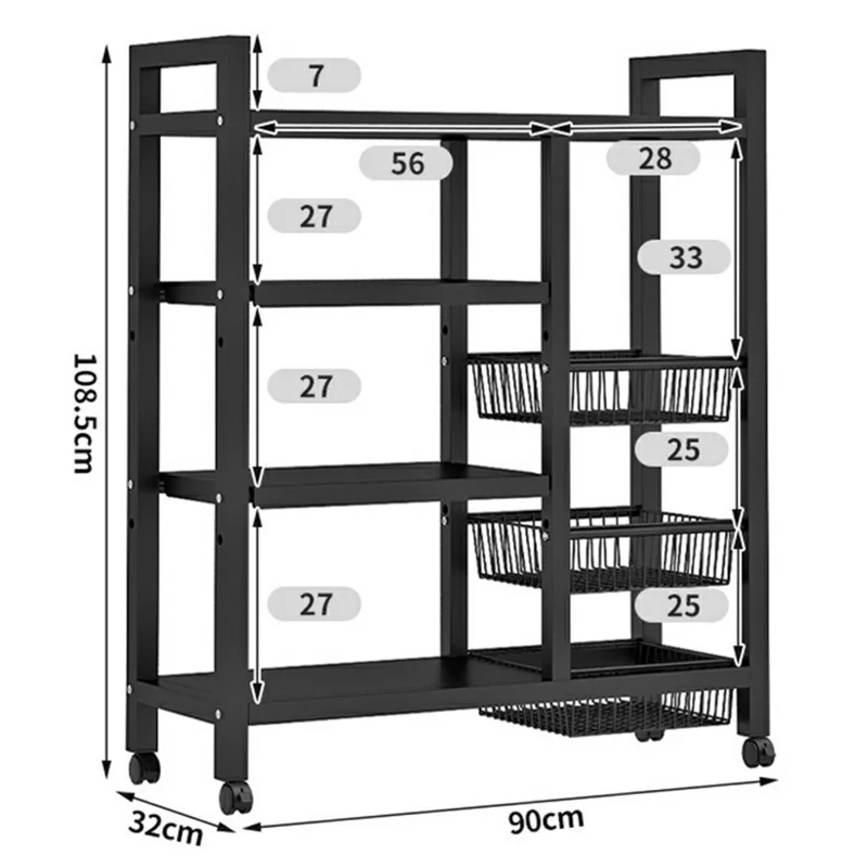 90 x 32 x 108.5cm 4-Tier Storage Rack with 3 Basket Multi-Function Kitchen Shelf Wheeled Organizer