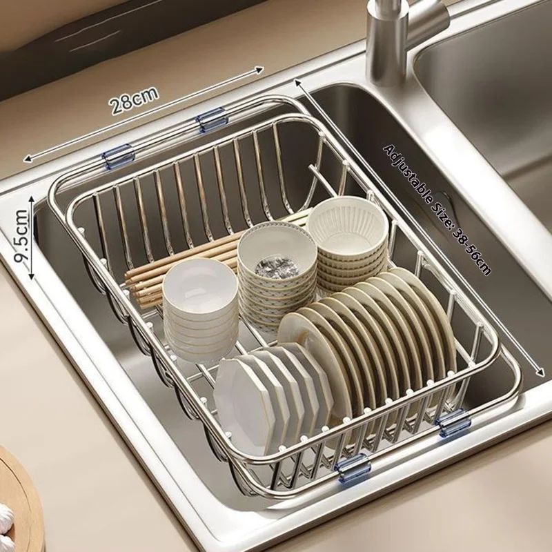 Kitchen Sink Dish Drying Rack 38-56cm Expandable Drainer Organizer with Anti Slip Silicone Pad