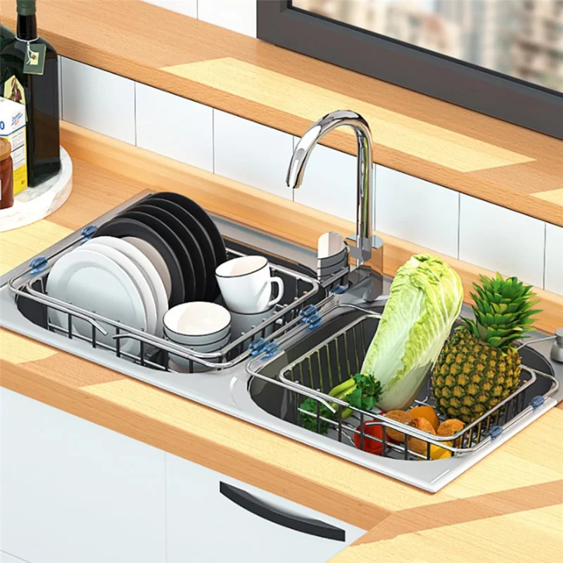 Kitchen Sink Dish Drying Rack 38-56cm Expandable Drainer Organizer with Anti Slip Silicone Pad