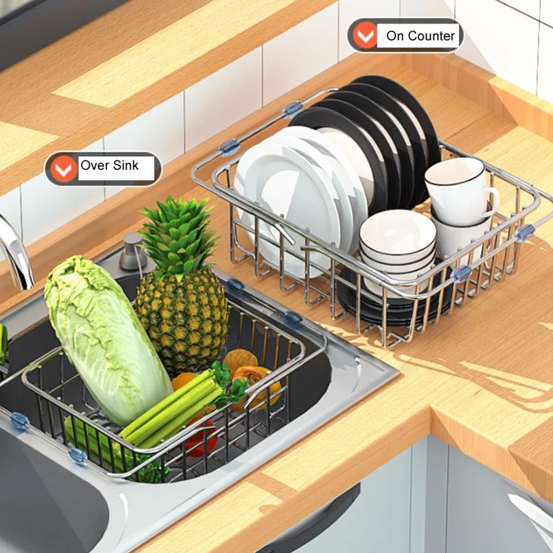 Kitchen Sink Dish Drying Rack 38-56cm Expandable Drainer Organizer with Anti Slip Silicone Pad