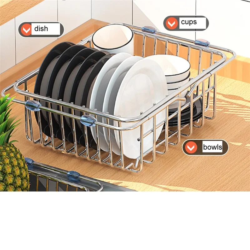 Kitchen Sink Dish Drying Rack 38-56cm Expandable Drainer Organizer with Anti Slip Silicone Pad