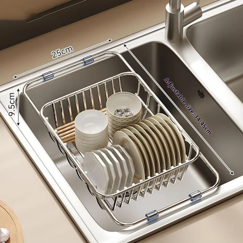 Kitchen Sink Dish Drying Rack 34-45cm Expandable Drainer Organizer with Anti Slip Silicone Pad