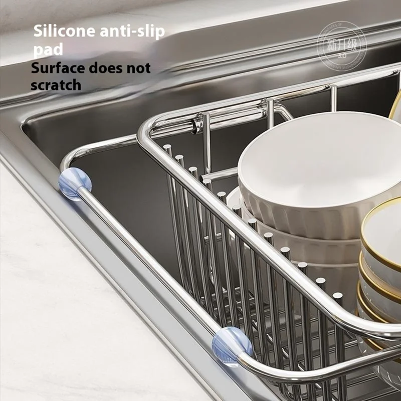 Kitchen Sink Dish Drying Rack 34-45cm Expandable Drainer Organizer with Anti Slip Silicone Pad