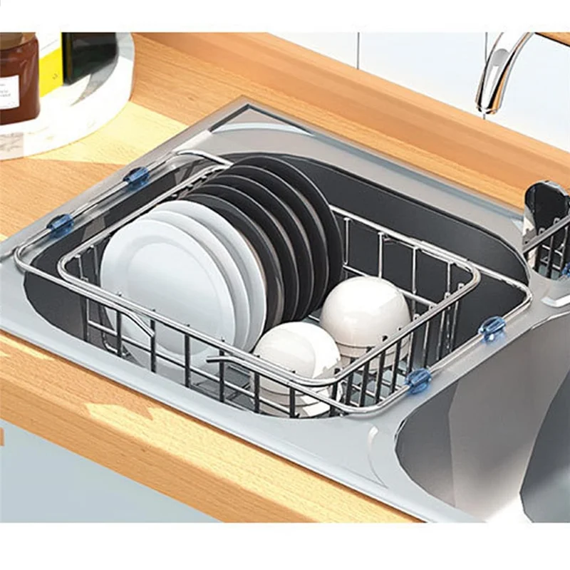 Kitchen Sink Dish Drying Rack 34-45cm Expandable Drainer Organizer with Anti Slip Silicone Pad