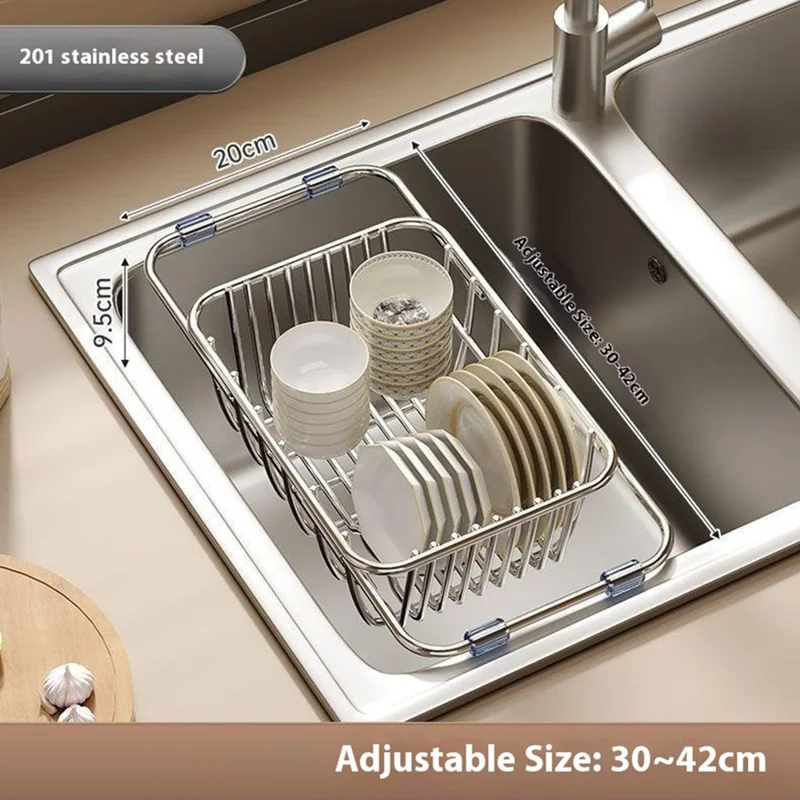 Kitchen Sink Dish Drying Rack 30-42cm Expandable Drainer Organizer with Anti Slip Silicone Pad