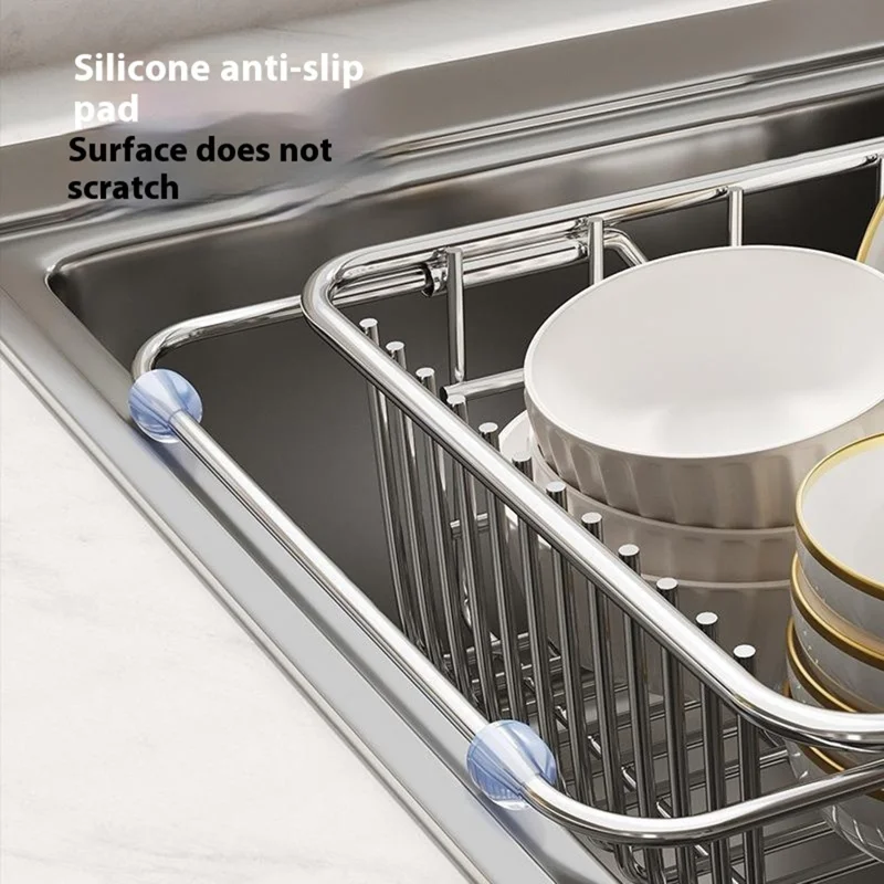 Kitchen Sink Dish Drying Rack 30-42cm Expandable Drainer Organizer with Anti Slip Silicone Pad