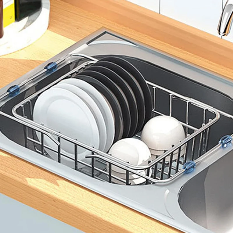 Kitchen Sink Dish Drying Rack 30-42cm Expandable Drainer Organizer with Anti Slip Silicone Pad