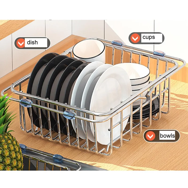 Kitchen Sink Dish Drying Rack 30-42cm Expandable Drainer Organizer with Anti Slip Silicone Pad