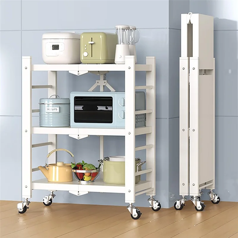 Folding Kitchen Storage Rack 3-Tier Microwave Stand Multi-Function Organizer Shelf - White