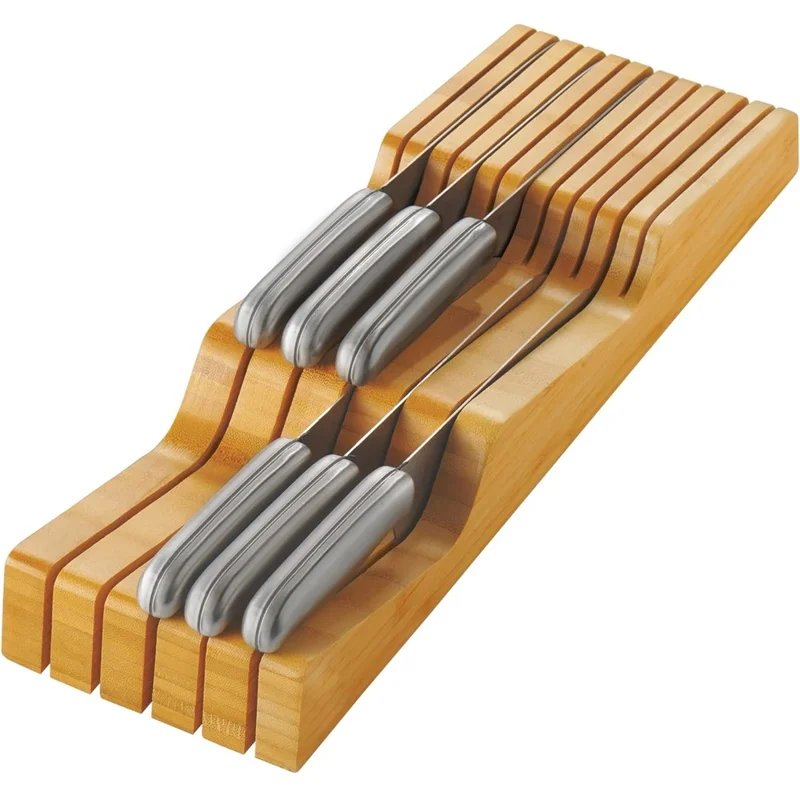 Bamboo Knife Block Organizer for Drawer Kitchen, Fits 5 Long + 6 Short Knives
