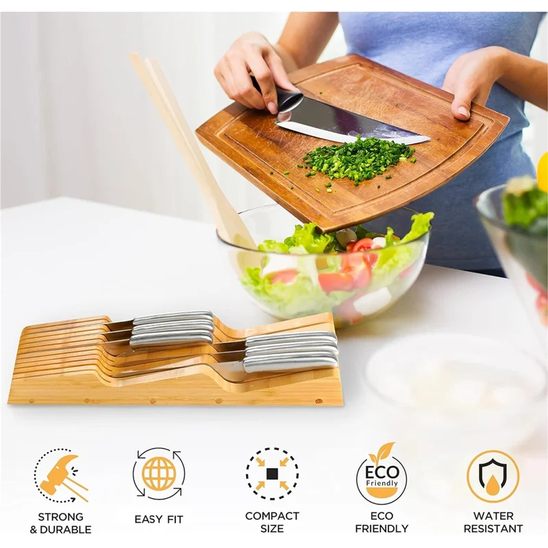 Bamboo Knife Block Organizer for Drawer Kitchen, Fits 5 Long + 6 Short Knives