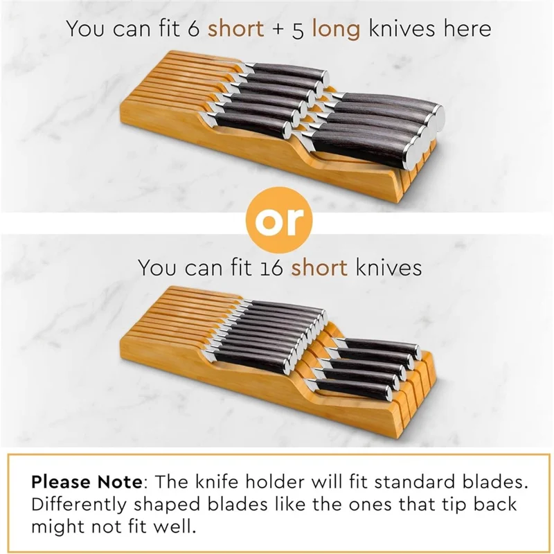 Bamboo Knife Block Organizer for Drawer Kitchen, Fits 5 Long + 6 Short Knives